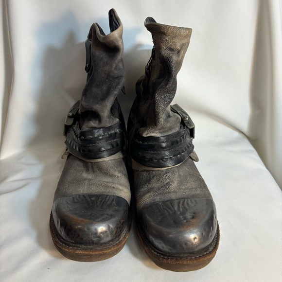 AS 98 Sz 38 Metal Toe Distressed Leather Moto Style Zip Up Buckles Boots - Picture 3 of 16